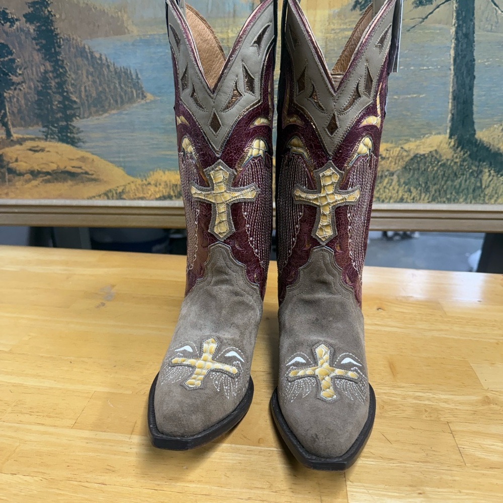 Sterling River Brown and Red Western Cowgirl Boots Cross angle wing, size 6B - Picture 1 of 8